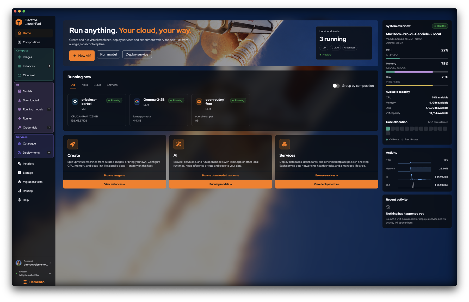 Electros LaunchPad home dashboard