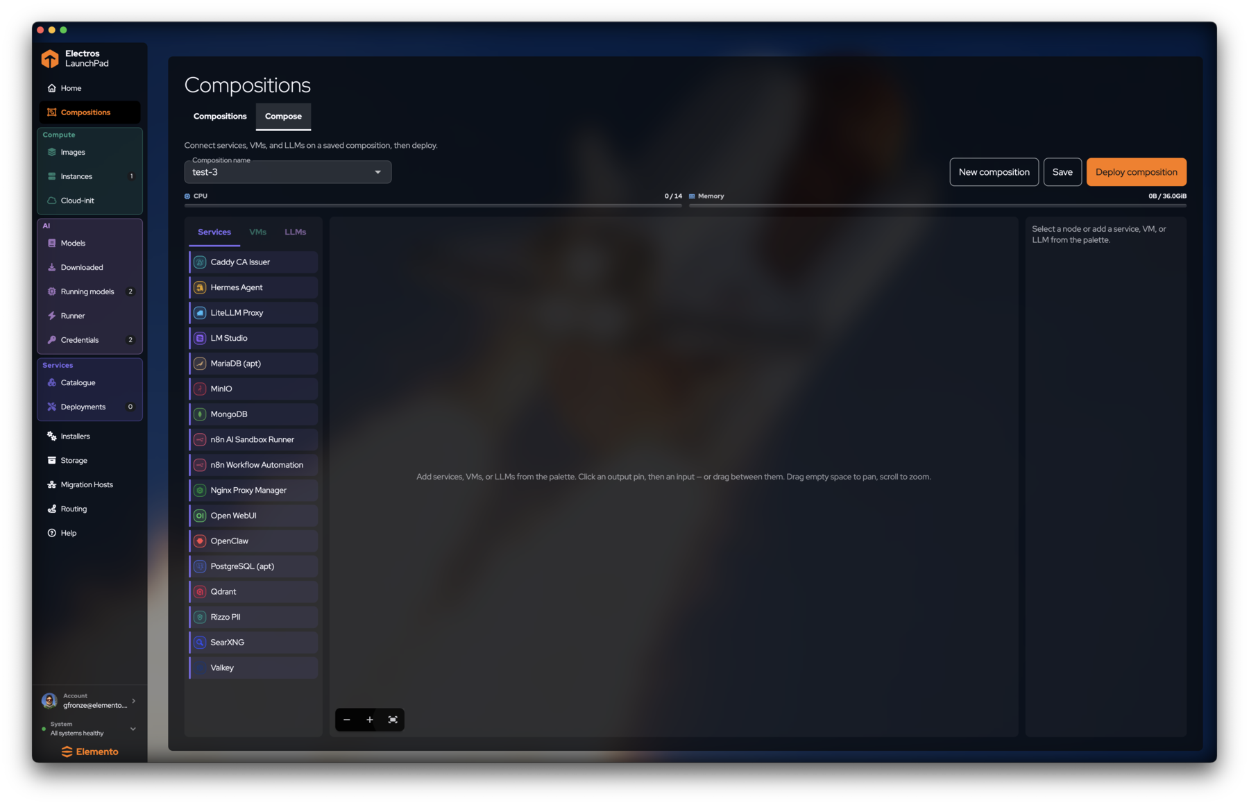 Compose tab with services palette and empty canvas