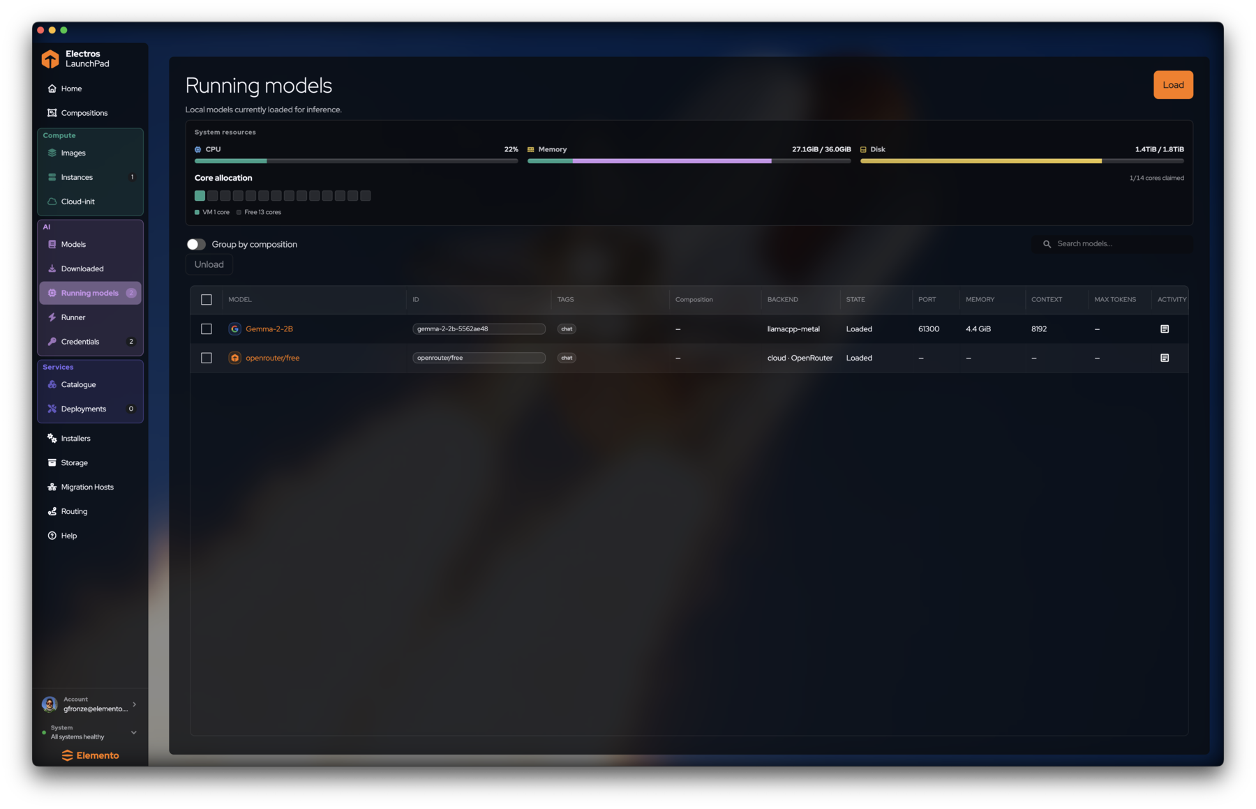 Running models table with backends and ports