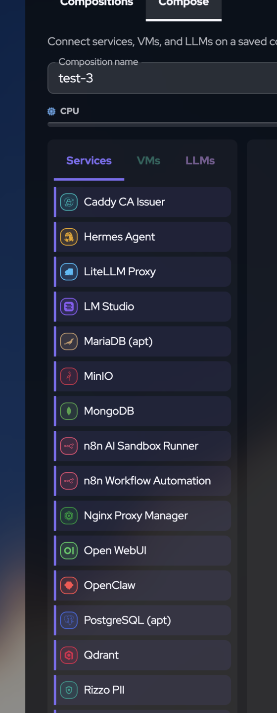 Services palette listing Caddy, MinIO, Open WebUI, PostgreSQL