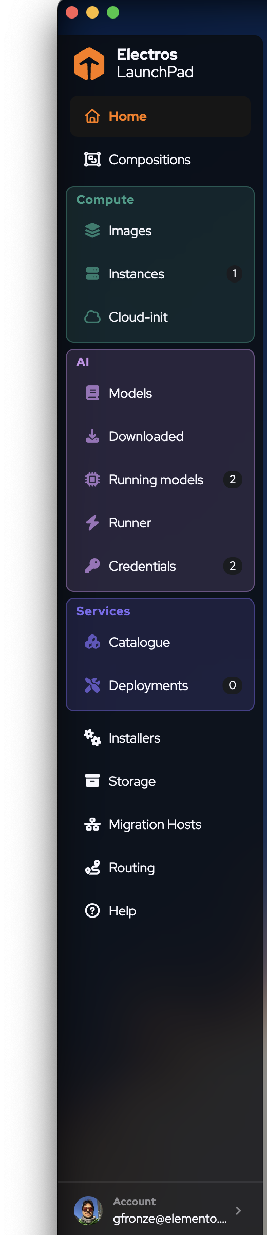 Sidebar with Home selected and Compute, AI, Services groups